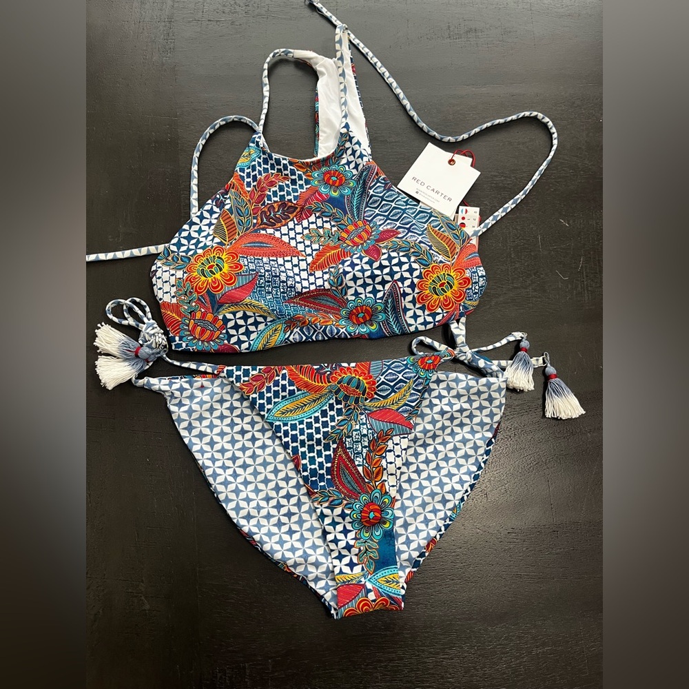 Red Carter Womens Blue Floral High Neck Tassel Bikini‎ Set Size Medium NWT Boho